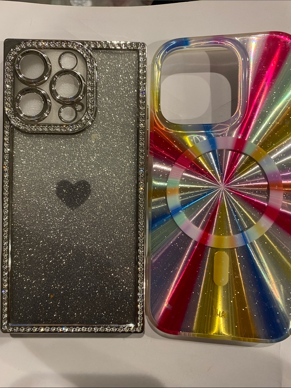 Silver Glitter and Rainbow Magnetic Ring Phone Case Set iPhone 14 Pro